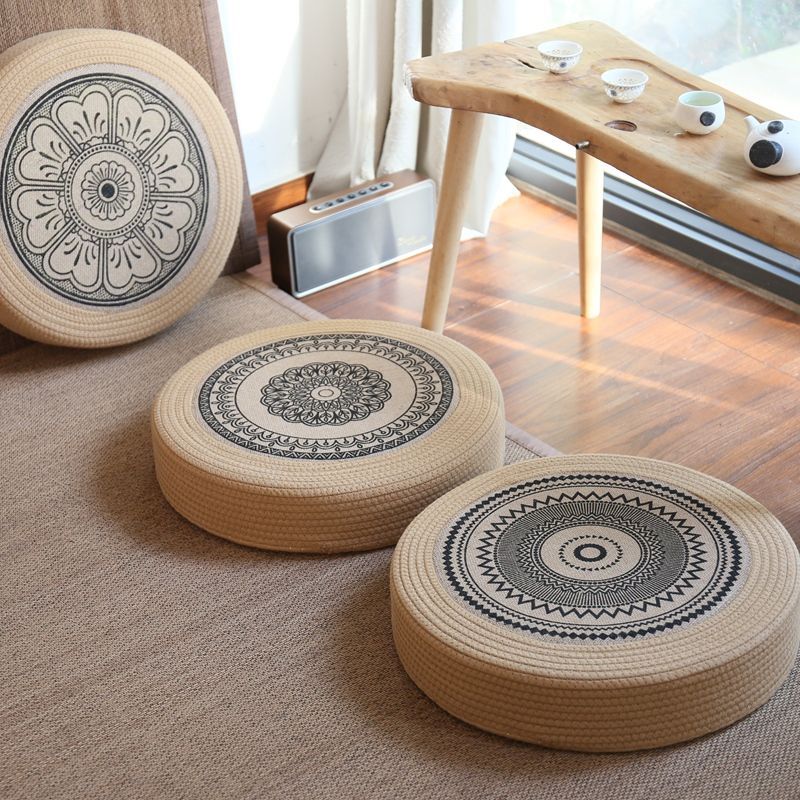 Futon pouf, tatami floor, bay window, retro coffee table, pouf, living room floor cushion, hemp rope meditation stool