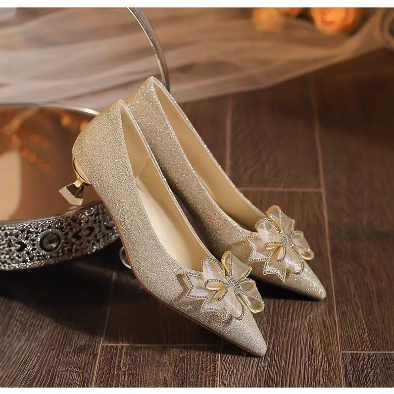 2025 new champagne butterfly wedding shoes - women's pointed toe low heel pumps