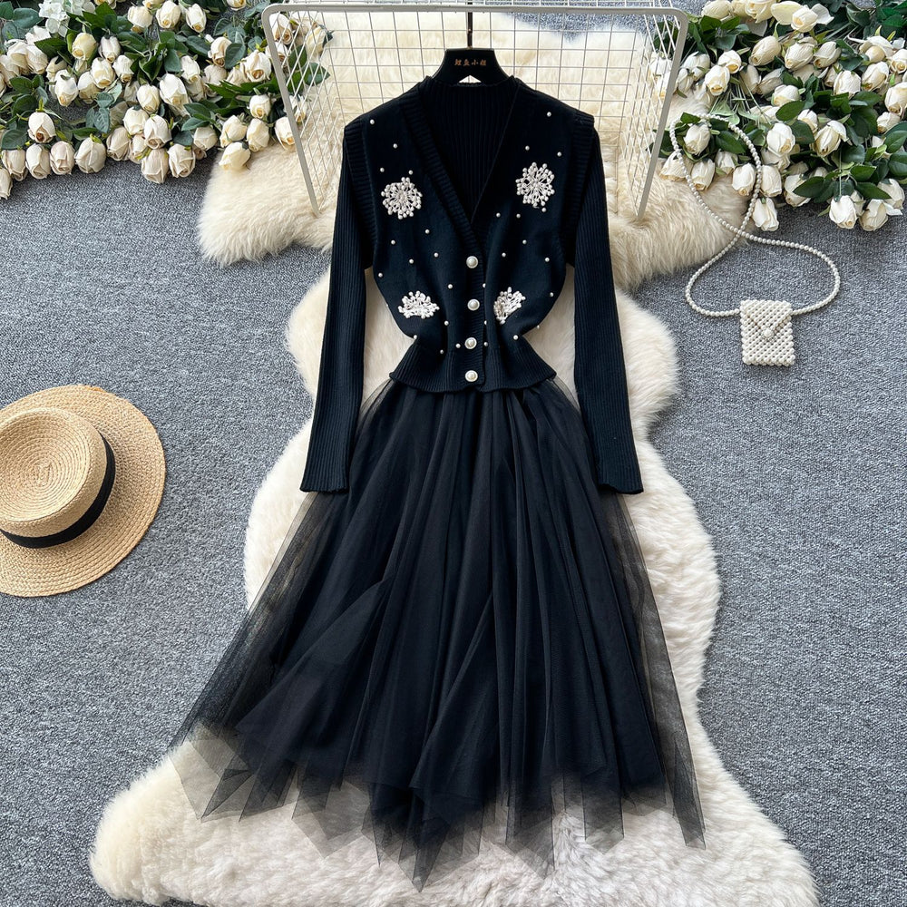Elegant two-piece set for women: autumn collection - high-end, heavily beaded, v-neck, sleeveless knit top with mesh panel dress