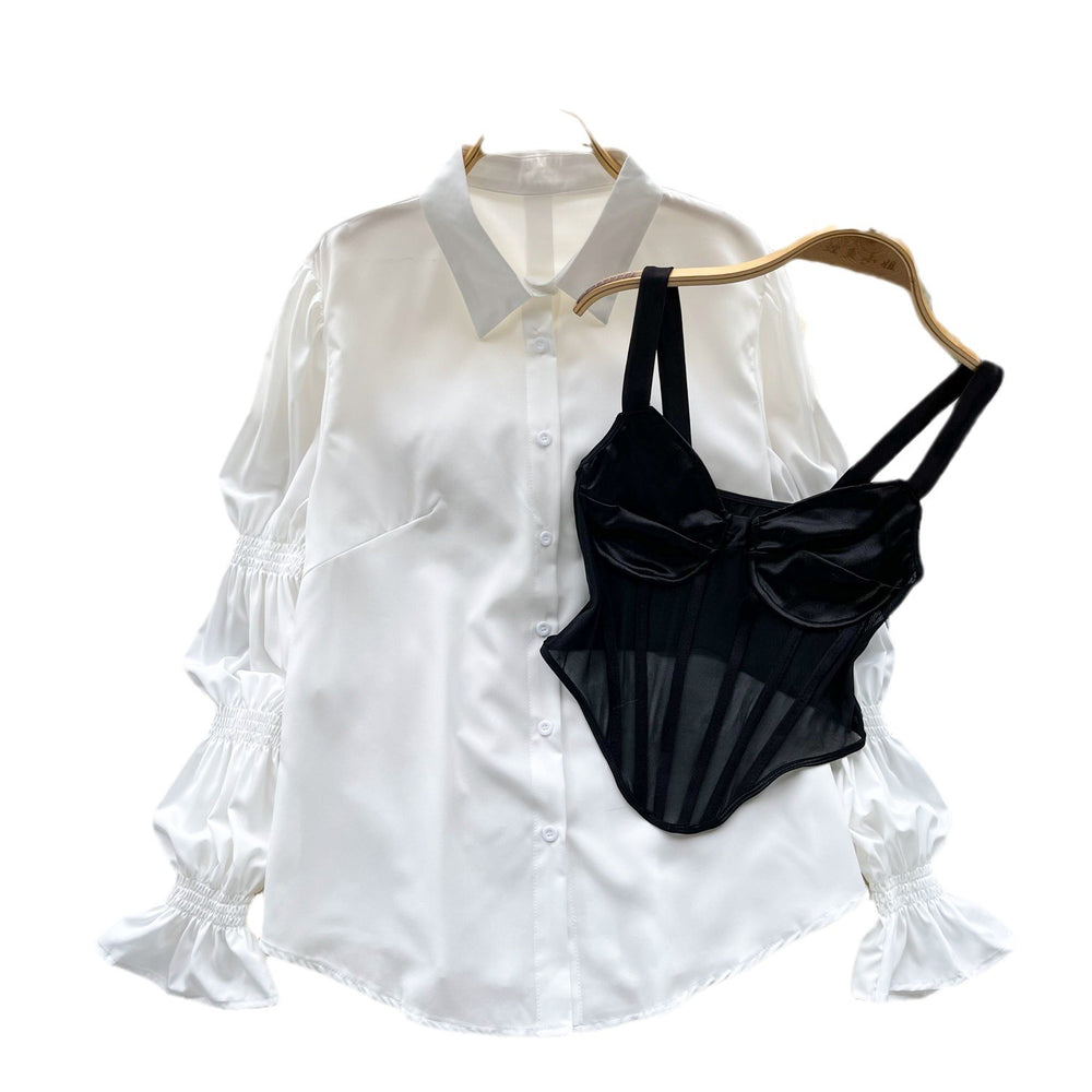 French court style high-end petite set: petal sleeve blouse + fishbone design camisole bandeau top