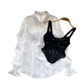French court style high-end petite set: petal sleeve blouse + fishbone design camisole bandeau top