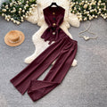 Commute style sleeveless two-piece set for women,  summer collection: high-end tie-waist tank top and high-waisted wide-leg pants set