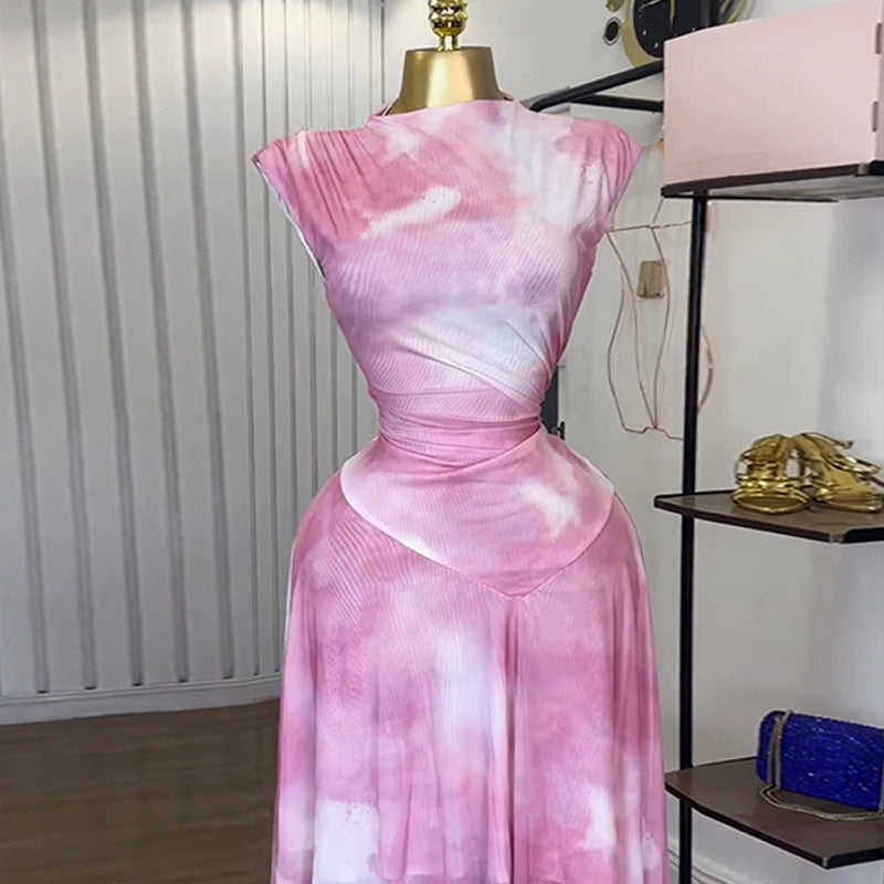 European and American  women's clothing 2025 summer new temperament sweet semi-turtleneck printed high-waisted irregular dress