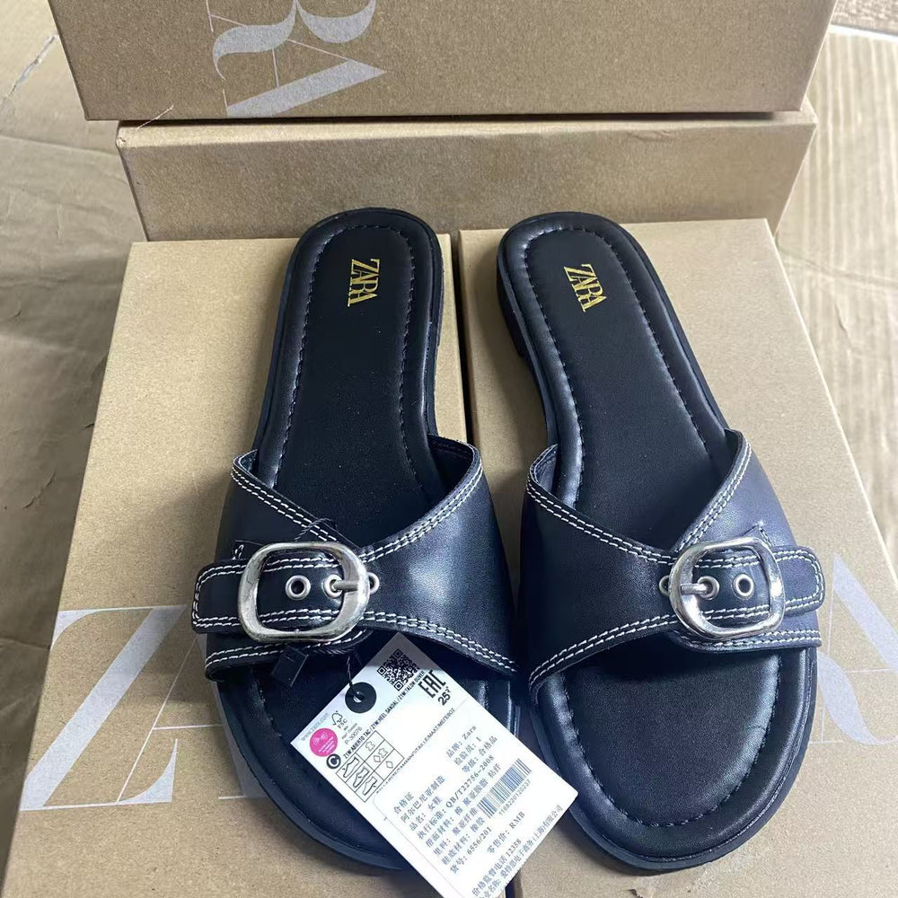 Za 2025 summer new women's flat sandals - leather strap outdoor sandals - black one-strap versatile sandals