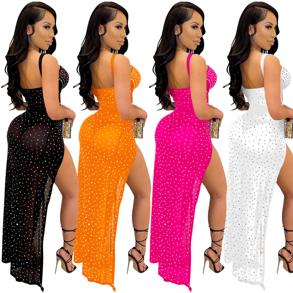 X5349 cross-border new arrival: fashionable european and american style nightclub mesh rhinestone sexy spaghetti strap cutout slit maxi dress