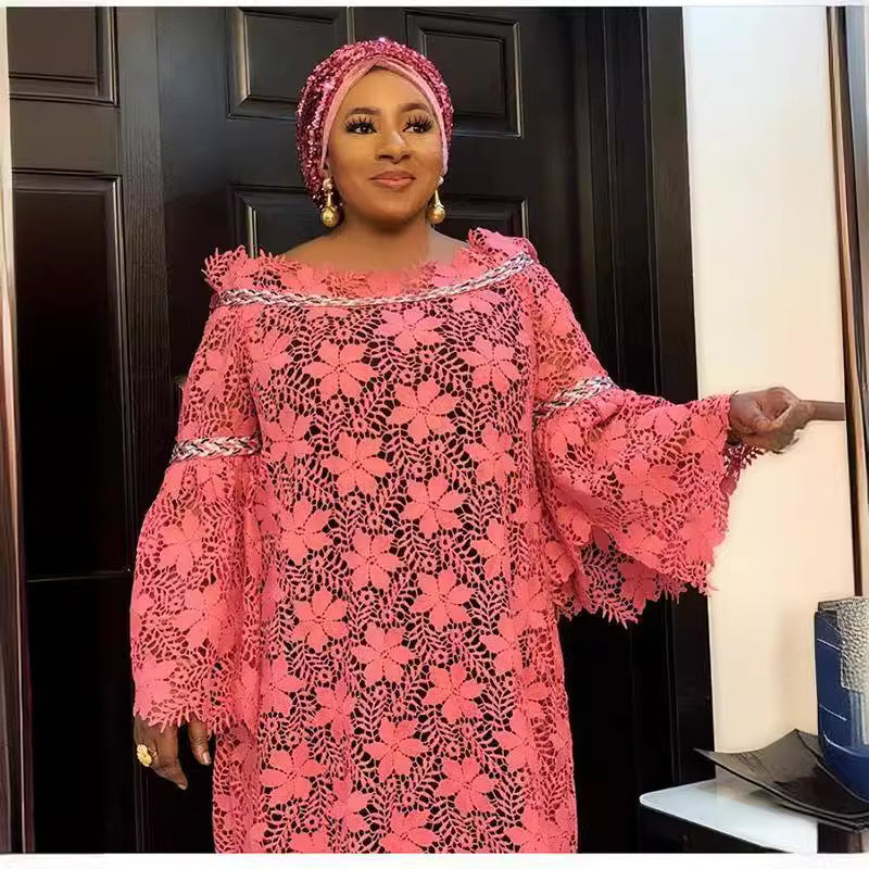 Special offer: african women's lace loose plus size robe dress with flared sleeves, fashionable long dress with matching headscarf
