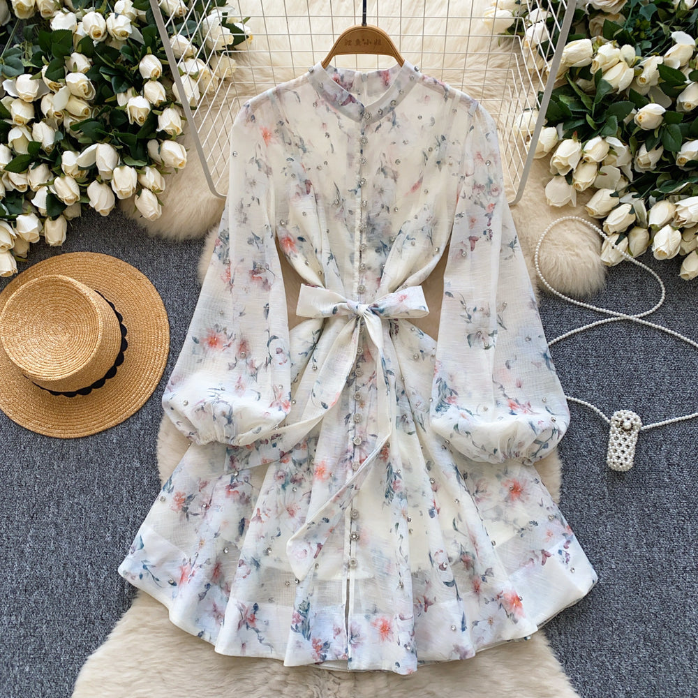 Export palace style spring dress for women new arrival nail diamond button waist printing long sleevesdress + suspender skirt