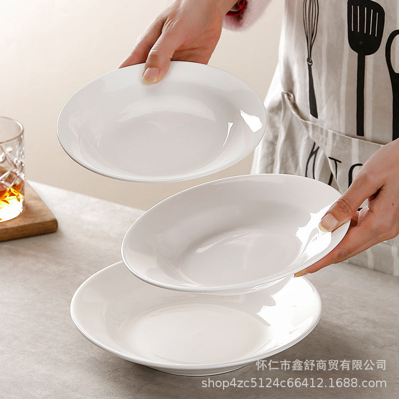 Pure white ceramic plate for home hotel western food steak plate deep plate flat plate commercial round dish plate microwave oven applicable
