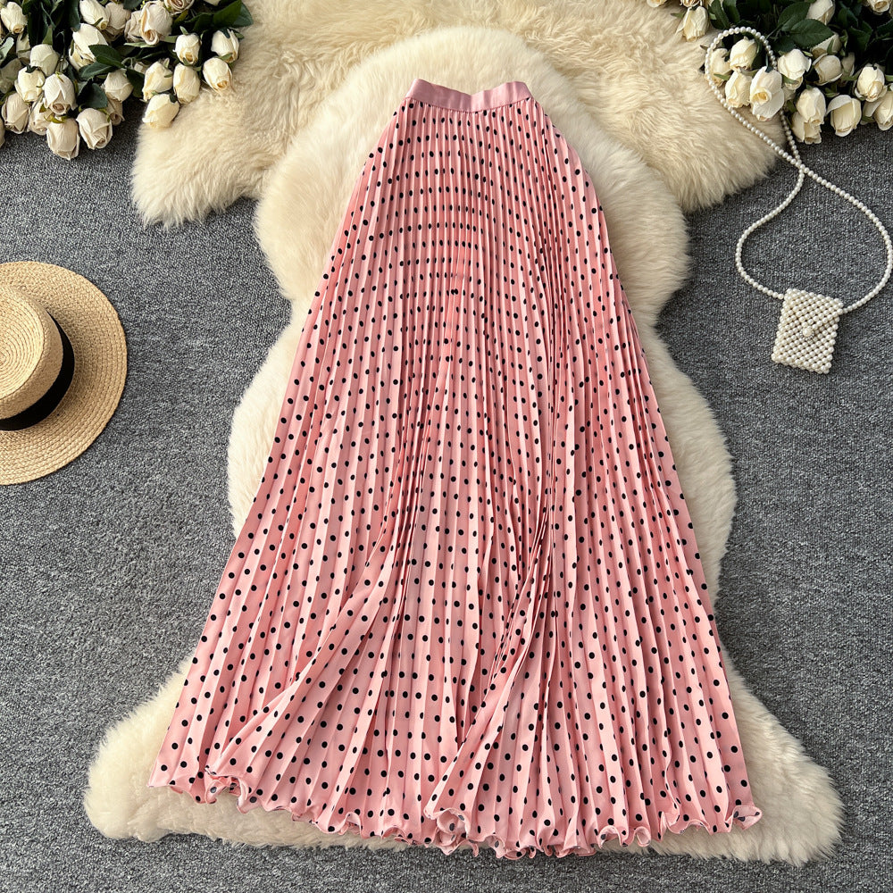 K-style polka dot pleated elegance skirt women's high waistslimming looka-line long skirtwork clothingeasiest for matchpatchworkelegant skirt
