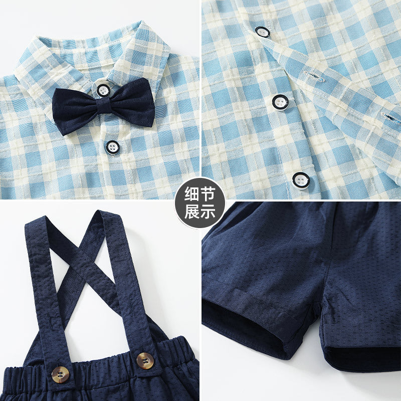 Boys' summer  new korean style plaid short-sleeve overalls thin two-piece set, class a cotton toddler outfit
