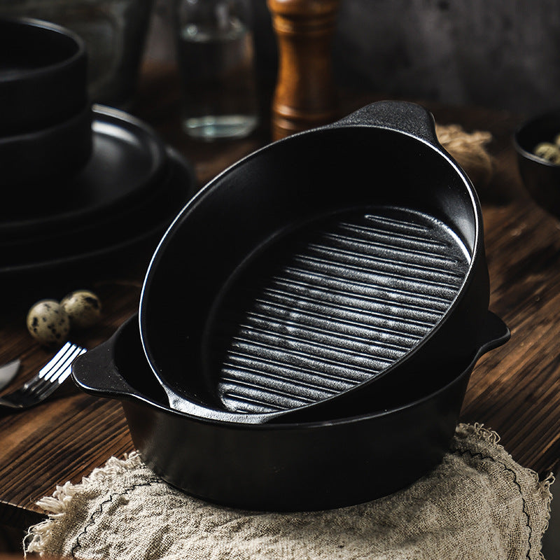 Black japanese-style frosted steak plate, creative commercial snack frosted black long plate, sushi plate, household rice bowl cup