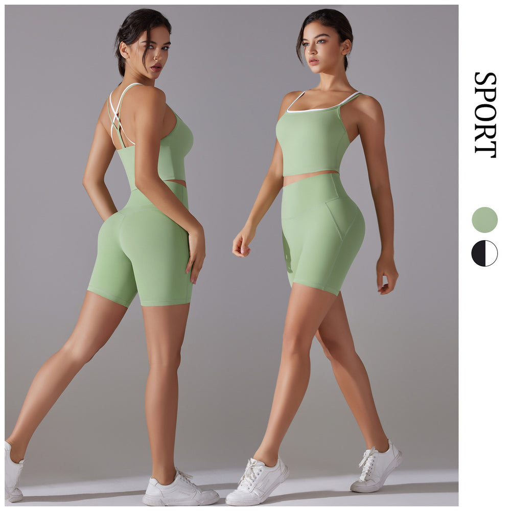 Nude nylon cross-back sports vest shorts suit free to wear underwear high waist sports fitness two-piece set for women