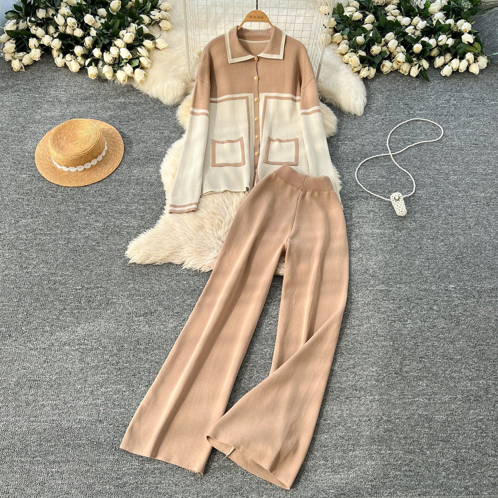 High-end suit for women, lazy style, fashion contrast color, metal buttons, lapel, long sleeves, knitting shirt, high waist, wide leg pants