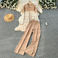 High-end suit for women, lazy style, fashion contrast color, metal buttons, lapel, long sleeves, knitting shirt, high waist, wide leg pants