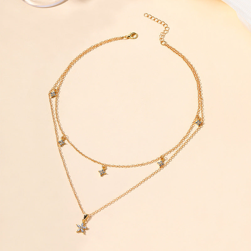 Wholesale alloy star necklace - new european and american minimalist jewelry, diamond-studded, unique floral multi-layered women's choker