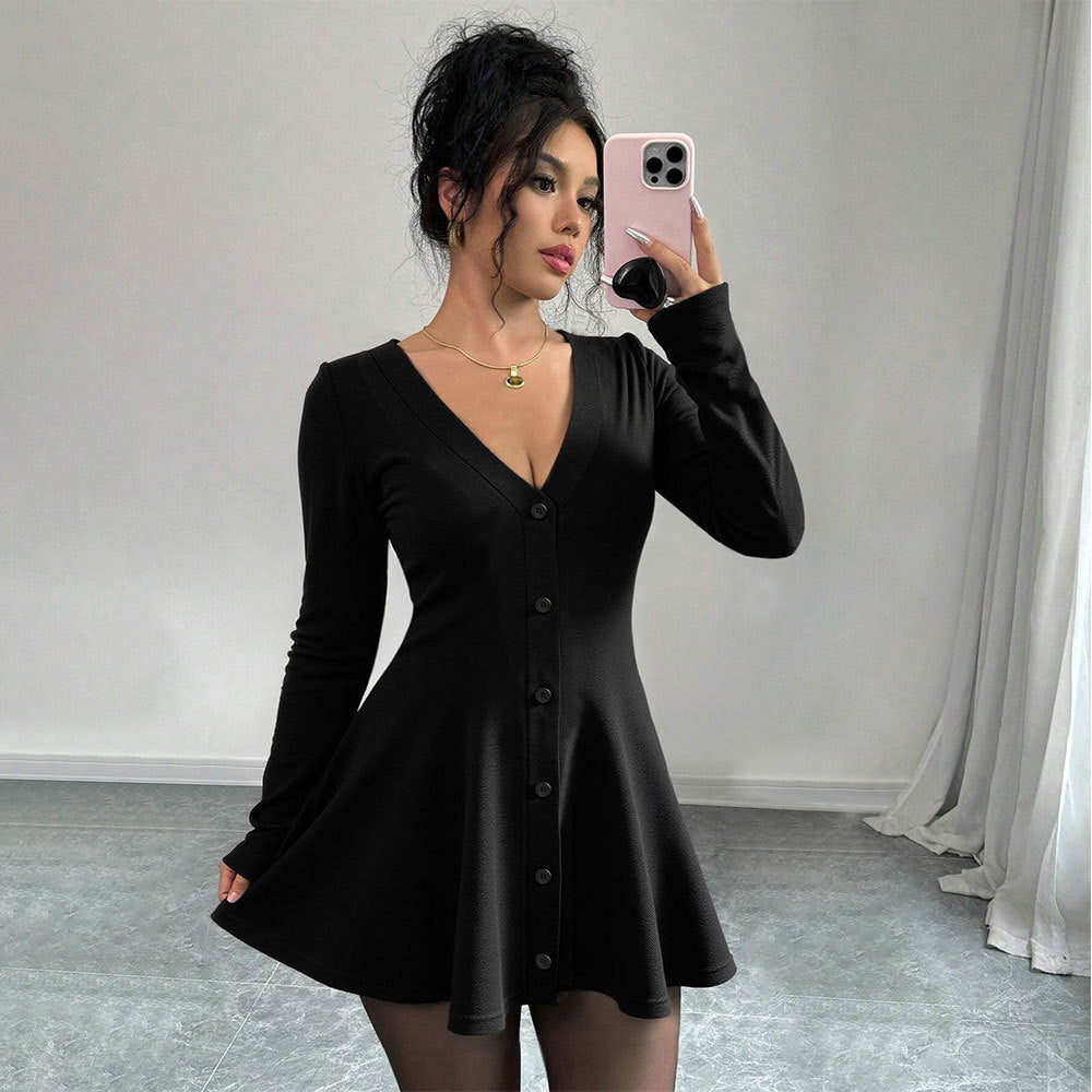 European and american  spring/summer new women's knitted tulip hem v-neck chanel-inspired long sleeve solid color mini dress