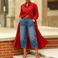 European and american style women's washed denim jeans with beaded side detailing, pearl embellished hem, vintage high-waisted wide leg jeans