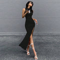 Amazon cross-border fashion round neck sleeveless slit dress summer new pure desire style hip covering mid-length skirt for women