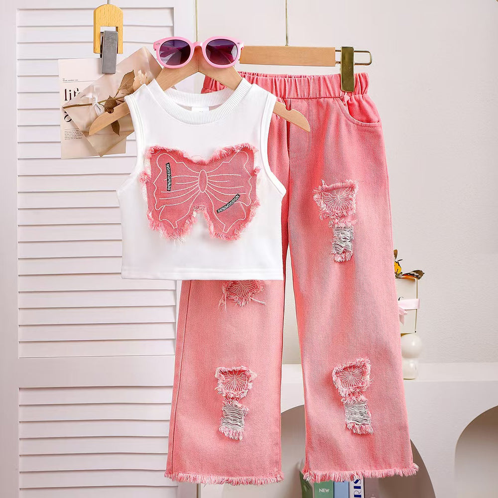 Children'sclothingsummer patch bow sleeveless tops+pink ripped denim pants set