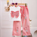 Children'sclothingsummer patch bow sleeveless tops+pink ripped denim pants set