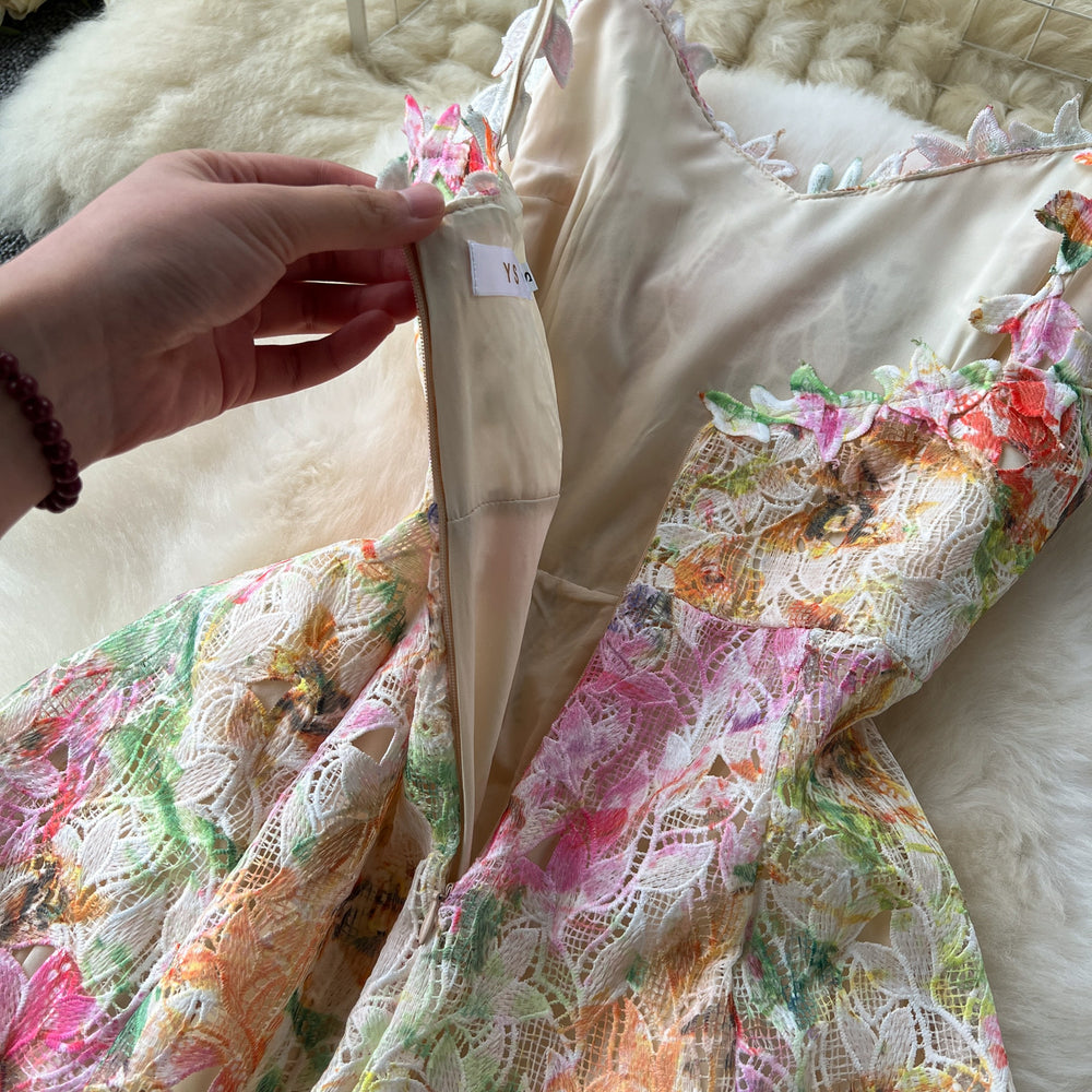 French court style floral print camisole dress - women's summer mesh hollow-out waist design, unique and chic maxi dress