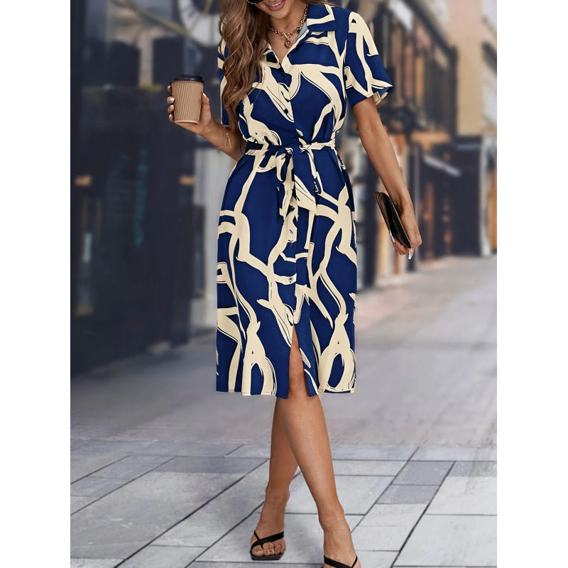 Shipped: cross-border european and american retro slim-fit printed vacation maxi dress with belt, v-neck, and short sleeves for women