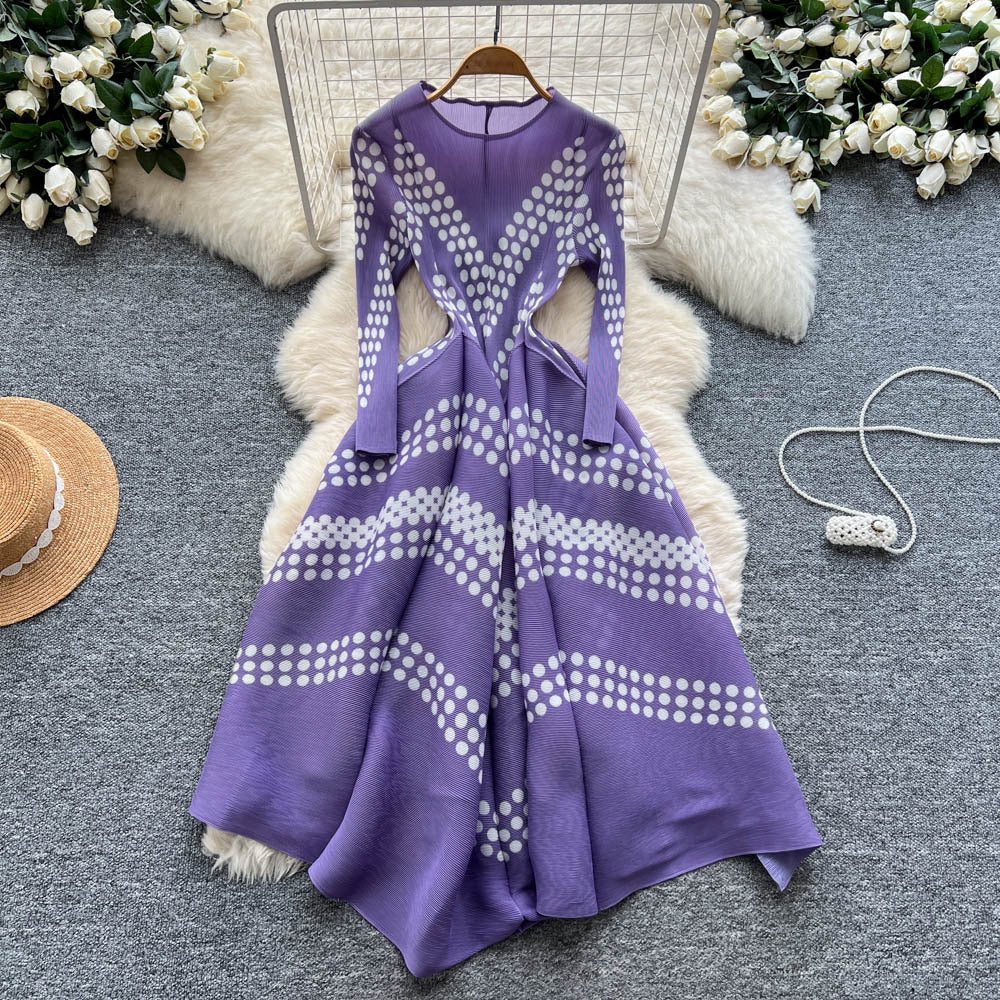 Miya pleated european and american dress women's autumn and winter european and american fashion asymmetrical printing waist elegant large swing pleated skirt