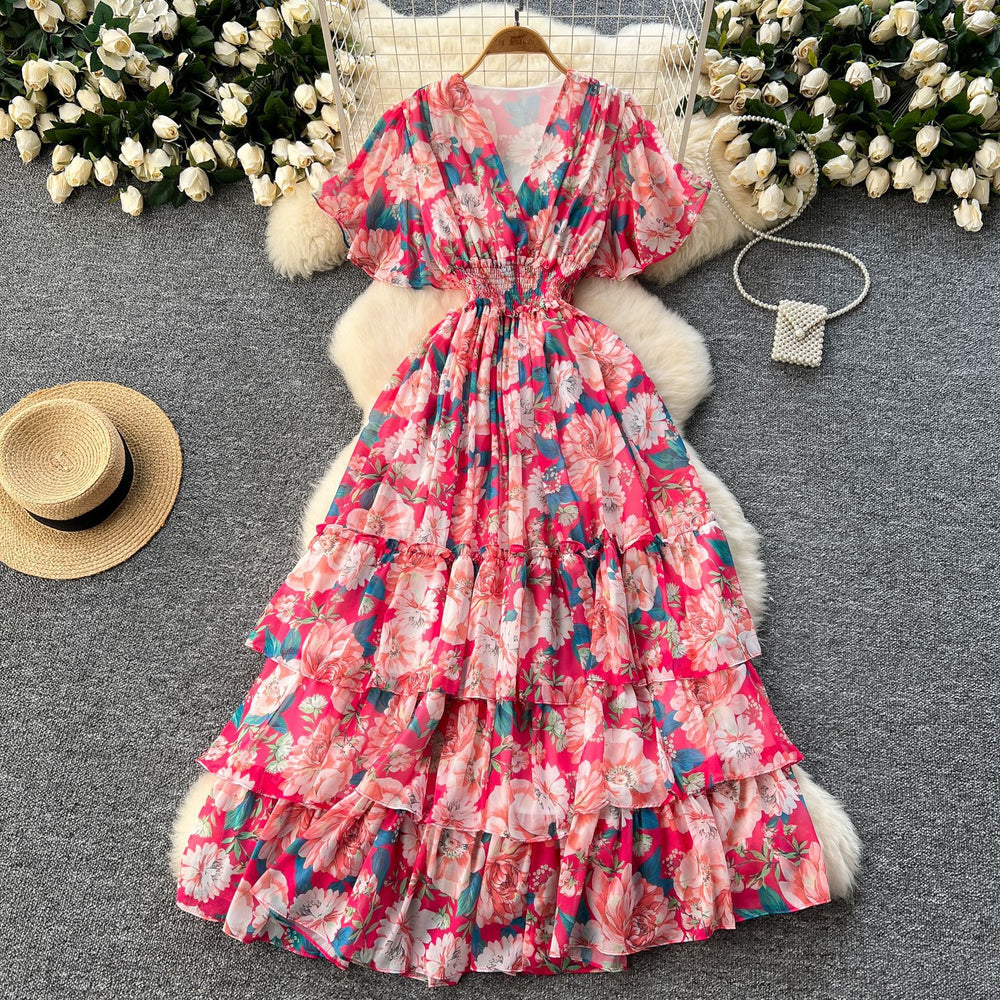 Frenchretrov neckruffle sleeve pleated floral dress women's summerhigh waistslimming look drape chiffon long skirt