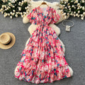 Frenchretrov neckruffle sleeve pleated floral dress women's summerhigh waistslimming look drape chiffon long skirt