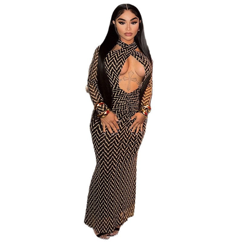 European and american style cross-border new women's hollow-out design striped bodycon dress halter neck long sleeve printed dress wholesale