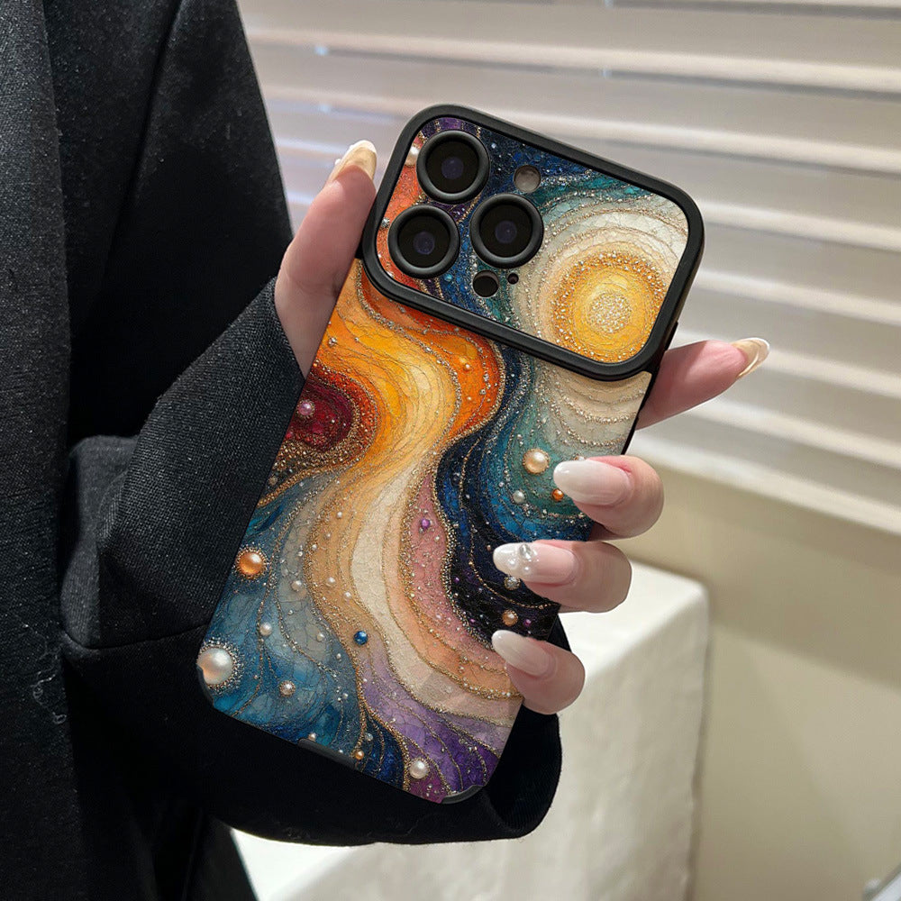 Niche art pearl mobile phone case suitable for iphone16/15 anti-fall apple 17promax colorful oil painting