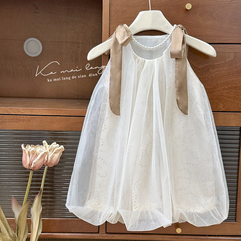 Girls' dress  summer new style chic sundress elegant baby girl floral bud sequin mesh skirt trendy