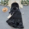 European and american fashion tie-waist long sleeve satin top and high-waisted flared ruffle skirt two-piece set for women - autumn collection