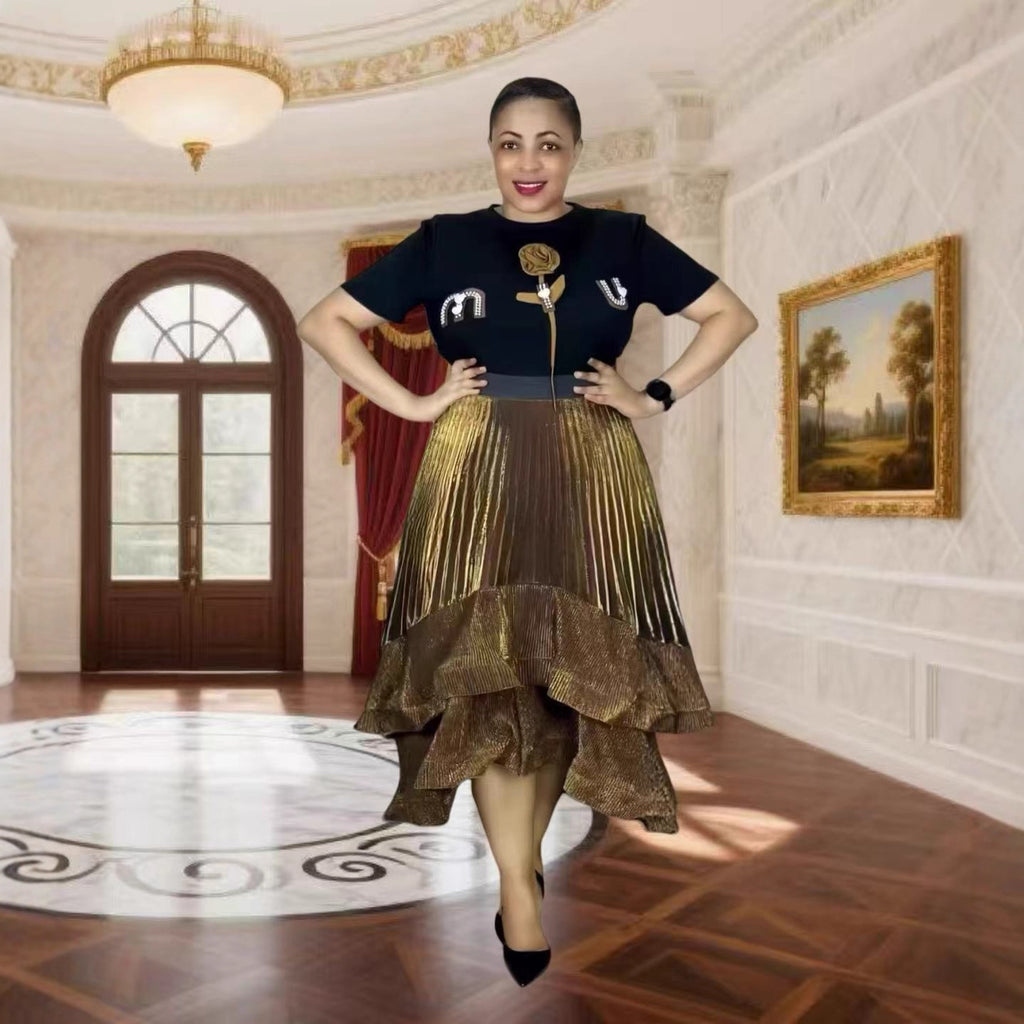 Cross-border French three-dimensional floating flower T-shirt + flash gold pleated ruffle edge long puffy skirt large size two-piece set