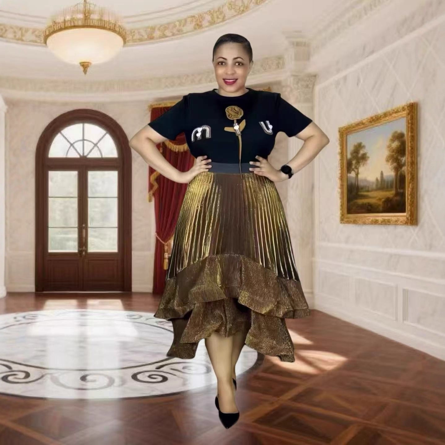 Cross-border French three-dimensional floating flower T-shirt + flash gold pleated ruffle edge long puffy skirt large size two-piece set