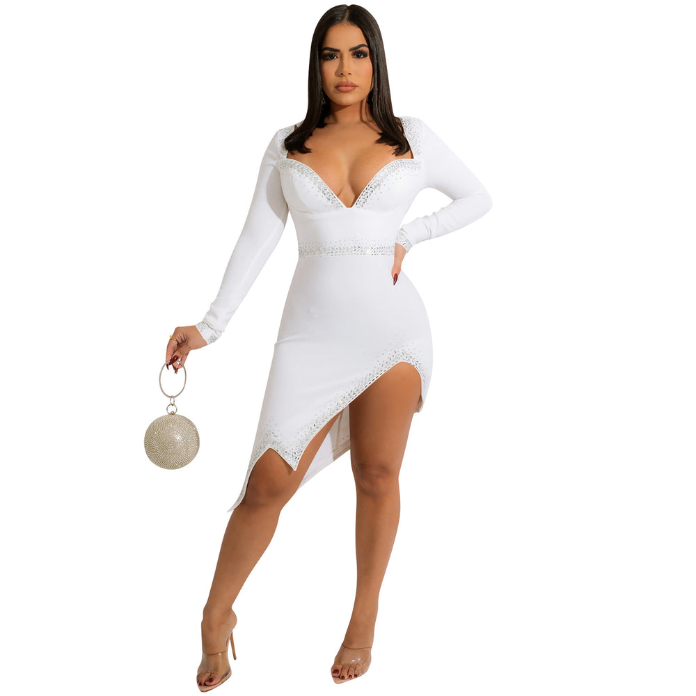 X5532   fashion sexy rhinestone nightclub women's v-neck long sleeve slit irregular dress