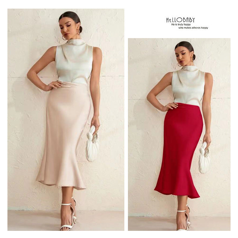 spring new european and american style satin bodycon midi skirt - solid color satin fitted mermaid skirt