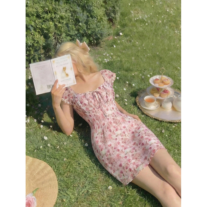 Women's new summer french romantic elegant floral print cinched waist a-line mini dress - perfect for dates