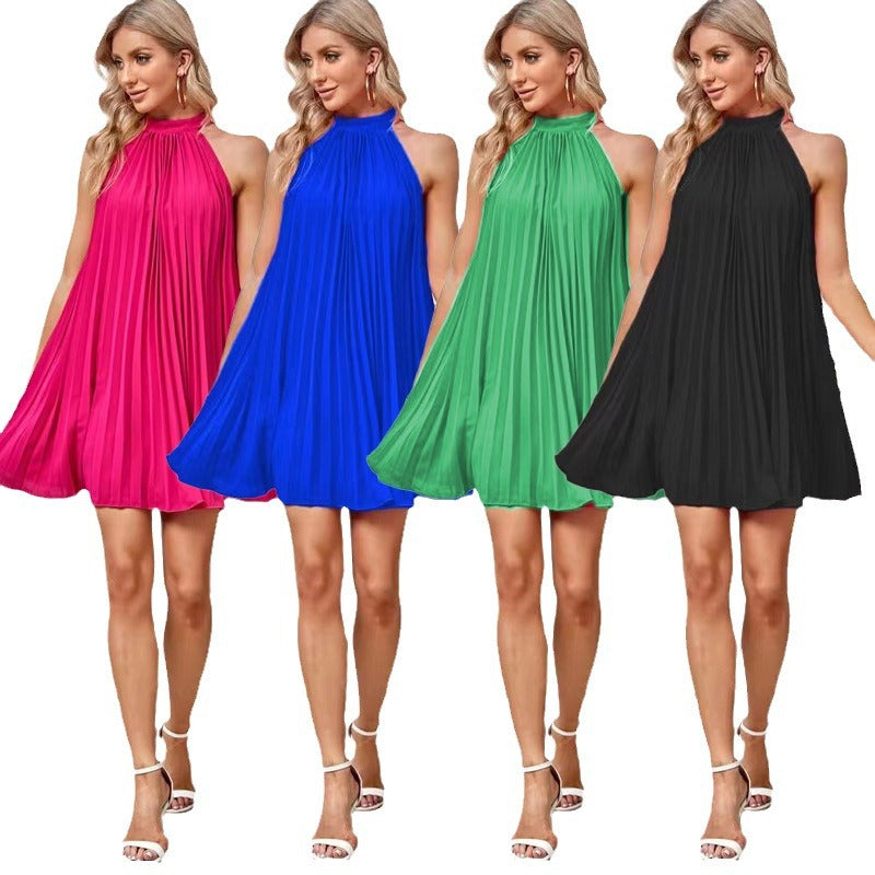 Amazon women's  new spring solid color ruched sleeveless stand collar bow tie elegant dress