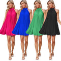 Amazon women's  new spring solid color ruched sleeveless stand collar bow tie elegant dress