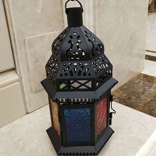 Moroccan iron candlestick, stained glass lantern, garden decor, home decor ornament, housewarming gift