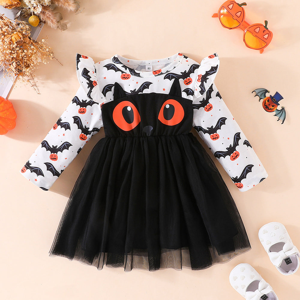 European and american girls' halloween long-sleeve eye print dress - fashionable minimalist patchwork mesh princess dress - in stock