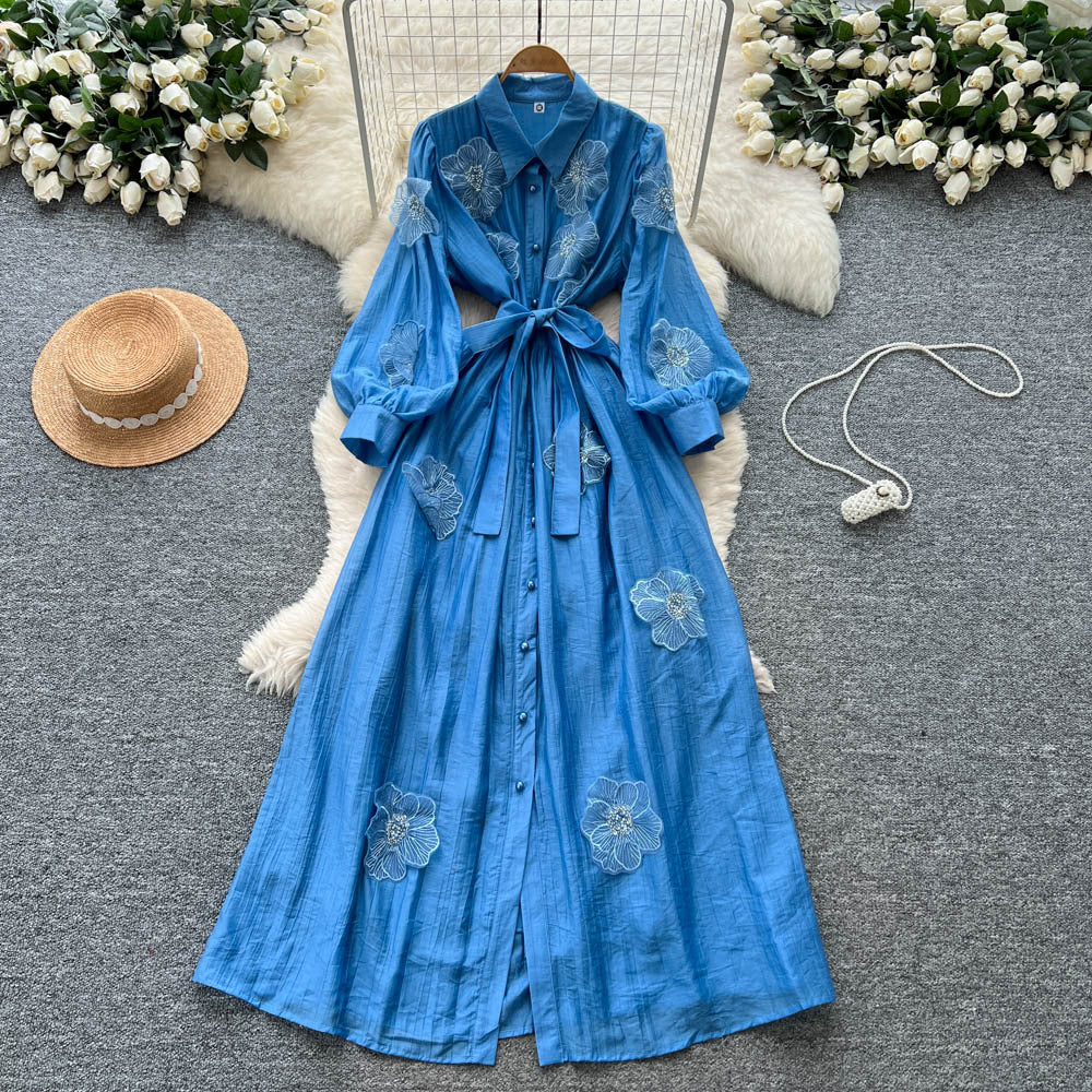 Frenchclassy heavy industry beading stereo flower lapel long sleeves single breasted strap waist elegantdress women