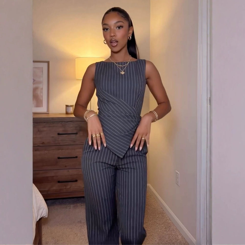 European and american cross-border women's fashion  summer new arrival: elegant strappy sleeveless striped slim-fit top and high-waisted pants set