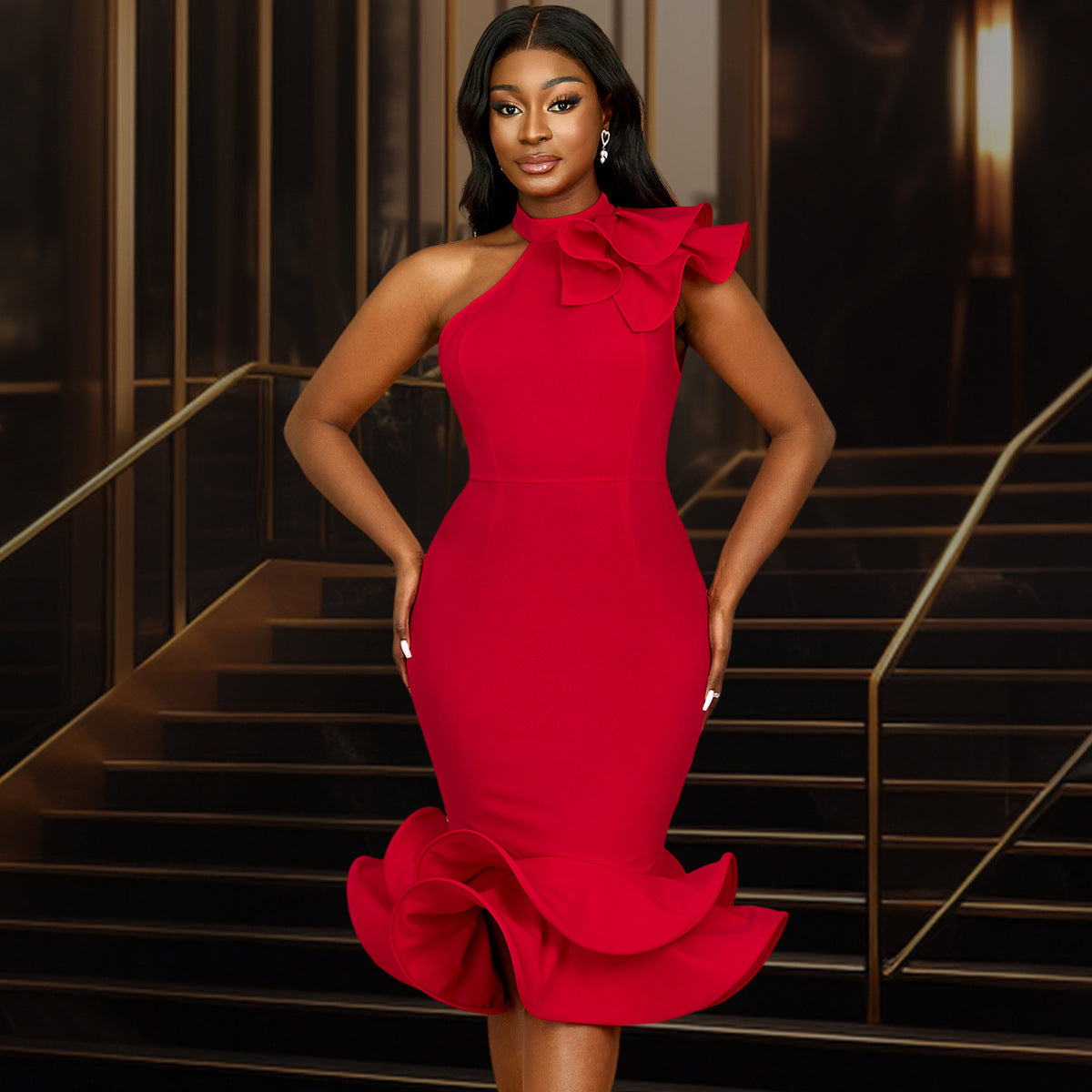 Cross-border European and American elegant semi-turtleneck ruffle dress, off-the-shoulder ruffle hem banquet evening dress Dresses