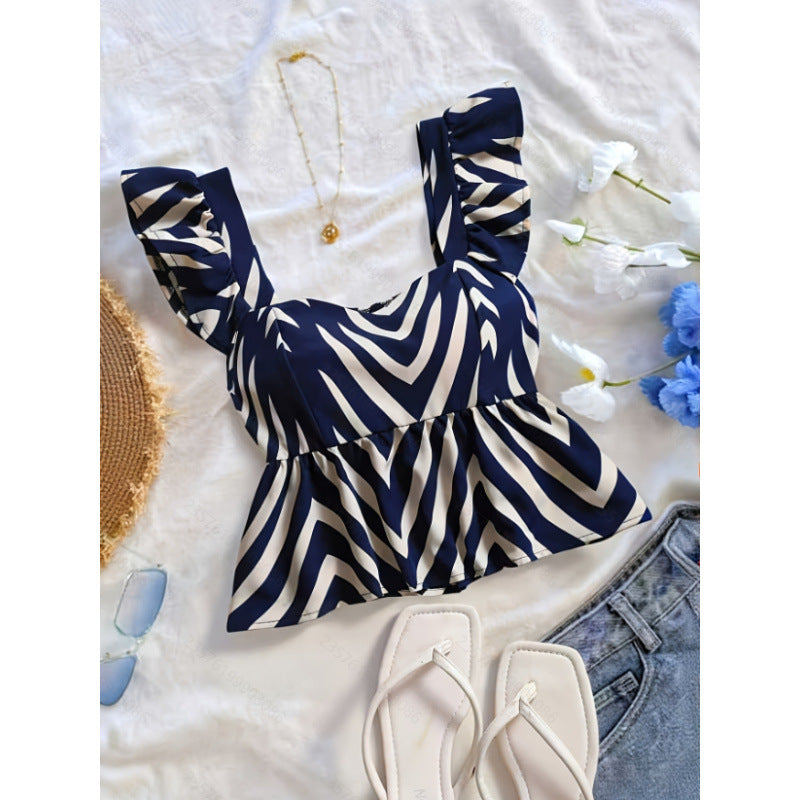 Women's summer new fashion versatile elegant printed shirred waist flutter sleeve blouse