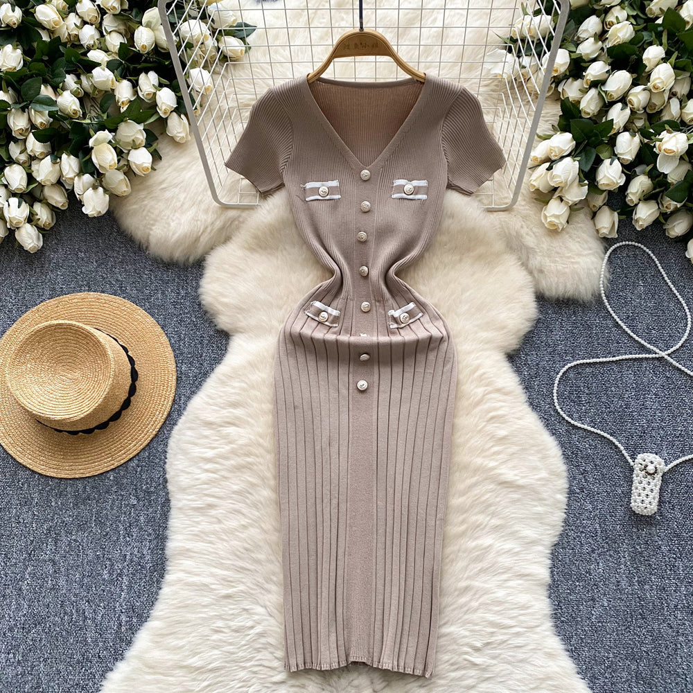 Short-sleeved knittingdress female small fragrant style retrofrenchv neck color matching metal buckle silmslimming look bottom long skirt