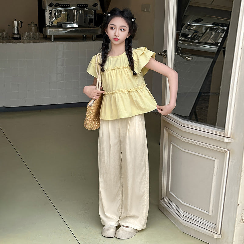 Girls' flutter sleeve outfit -  summer new fashion, stylish two-piece set for little girls, wide-leg pants for toddlers and young children