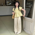 Girls' flutter sleeve outfit -  summer new fashion, stylish two-piece set for little girls, wide-leg pants for toddlers and young children