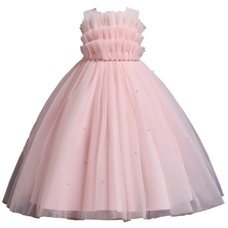 Evening dress girls' dress hostess dress princess dress mesh puffy dress summer sweet elegant one shoulder